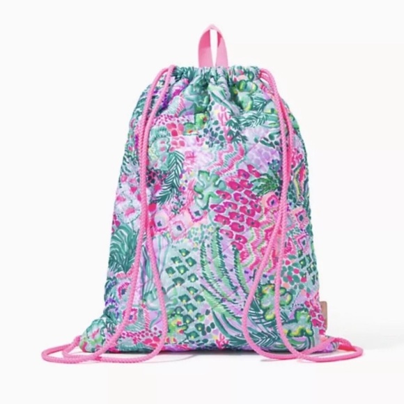 Lilly Pulitzer Handbags - Lilly Pulitzer Pink and Green Drawstring Backpack